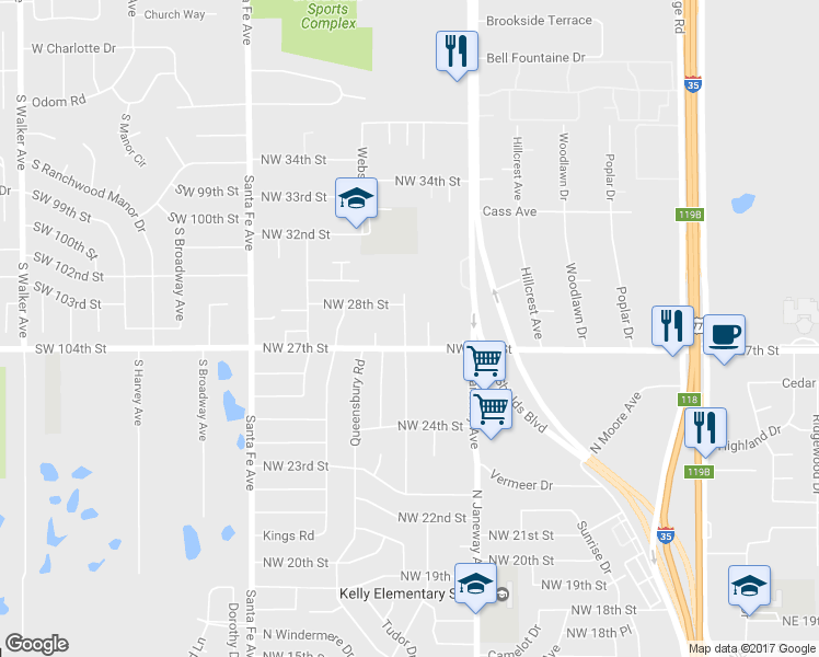 map of restaurants, bars, coffee shops, grocery stores, and more near 2812 N Nottingham Way in Moore