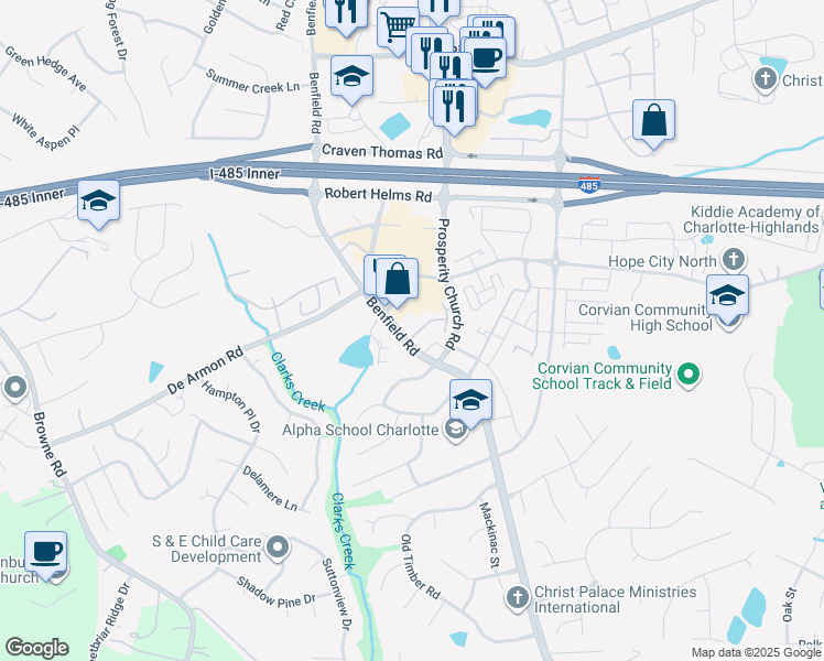 map of restaurants, bars, coffee shops, grocery stores, and more near 4966 Kotlik Drive in Charlotte