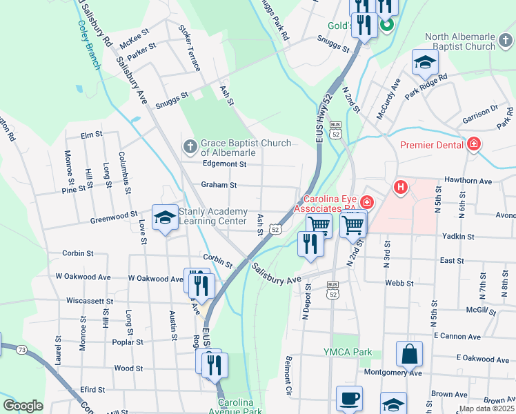 map of restaurants, bars, coffee shops, grocery stores, and more near 504 Watts Street in Albemarle