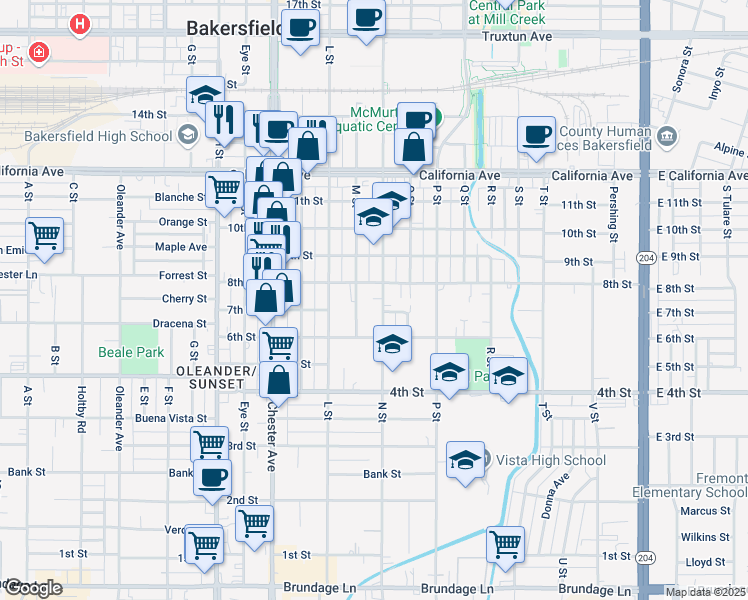map of restaurants, bars, coffee shops, grocery stores, and more near 719 N St in Bakersfield