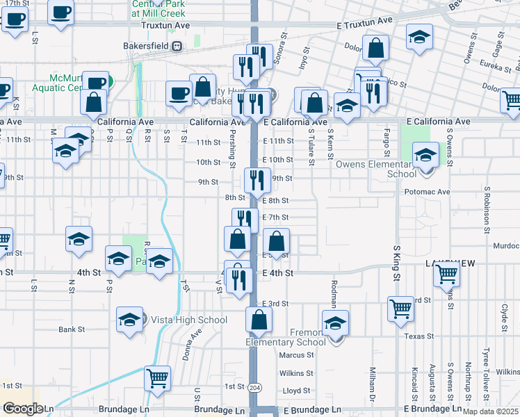 map of restaurants, bars, coffee shops, grocery stores, and more near 708 Union Avenue in Bakersfield