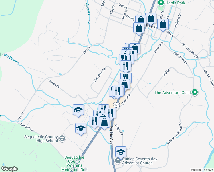 map of restaurants, bars, coffee shops, grocery stores, and more near 234 Valley View Drive in Dunlap