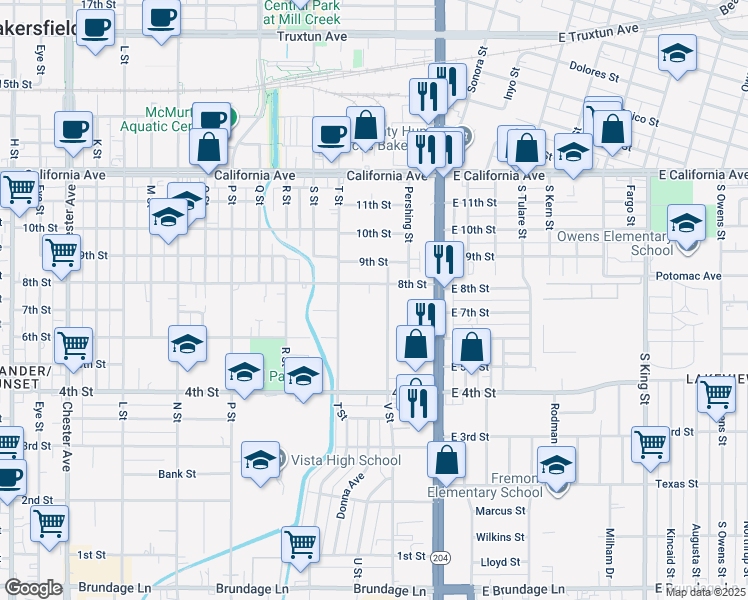 map of restaurants, bars, coffee shops, grocery stores, and more near 719 V St in Bakersfield