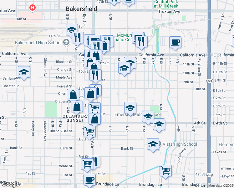 map of restaurants, bars, coffee shops, grocery stores, and more near 720 L Street in Bakersfield