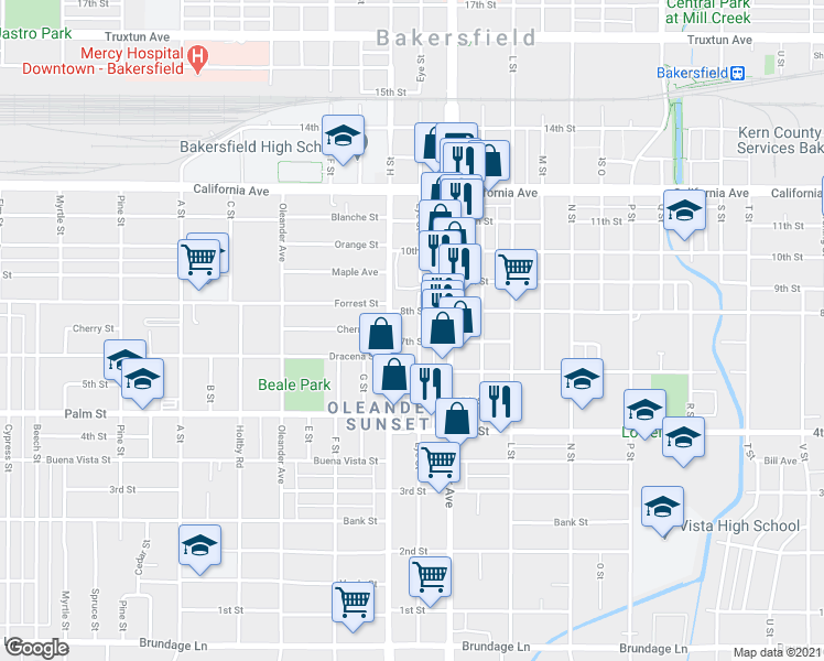 map of restaurants, bars, coffee shops, grocery stores, and more near 713 Eye Street in Bakersfield
