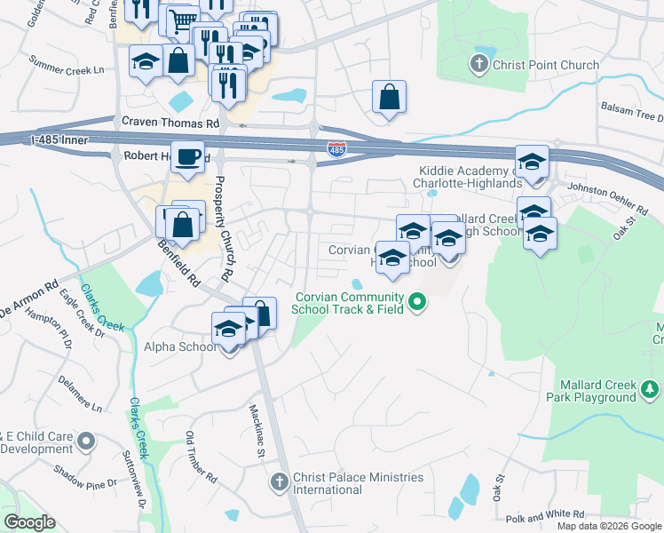 map of restaurants, bars, coffee shops, grocery stores, and more near Prosperity Ridge Road in Charlotte