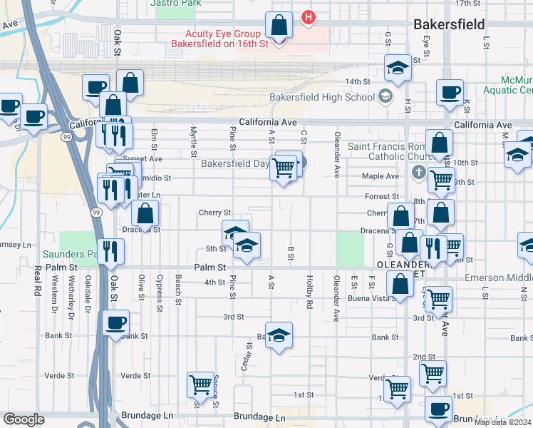 map of restaurants, bars, coffee shops, grocery stores, and more near 639 A Street in Bakersfield