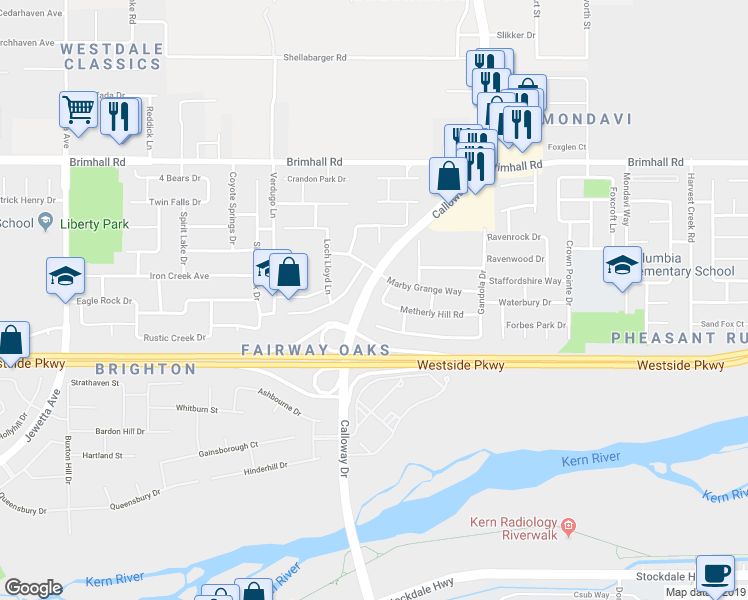 map of restaurants, bars, coffee shops, grocery stores, and more near 601 Wanstead Lane in Bakersfield