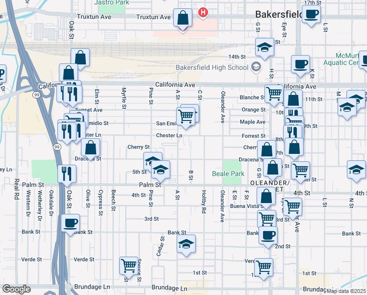 map of restaurants, bars, coffee shops, grocery stores, and more near 639 A Street in Bakersfield