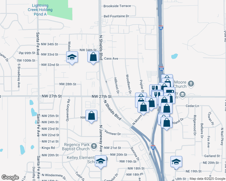 map of restaurants, bars, coffee shops, grocery stores, and more near 2808 North Shields Boulevard in Moore