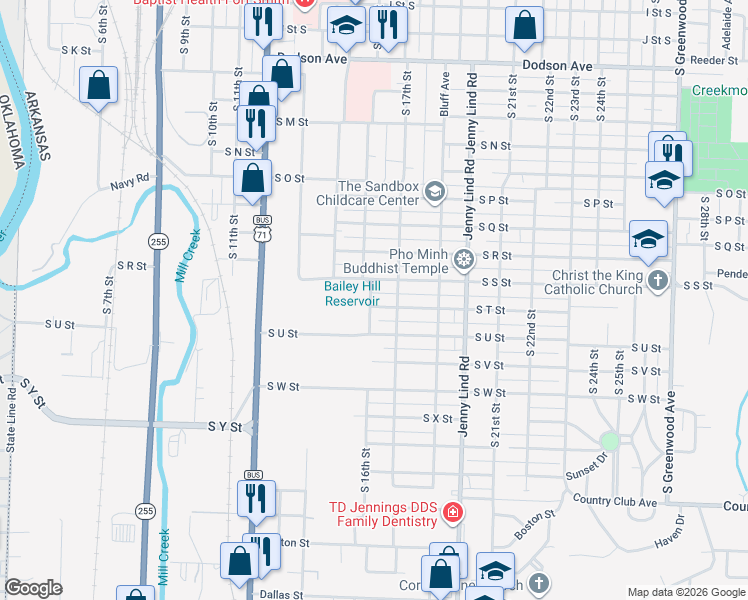 map of restaurants, bars, coffee shops, grocery stores, and more near 1601 South T Street in Fort Smith