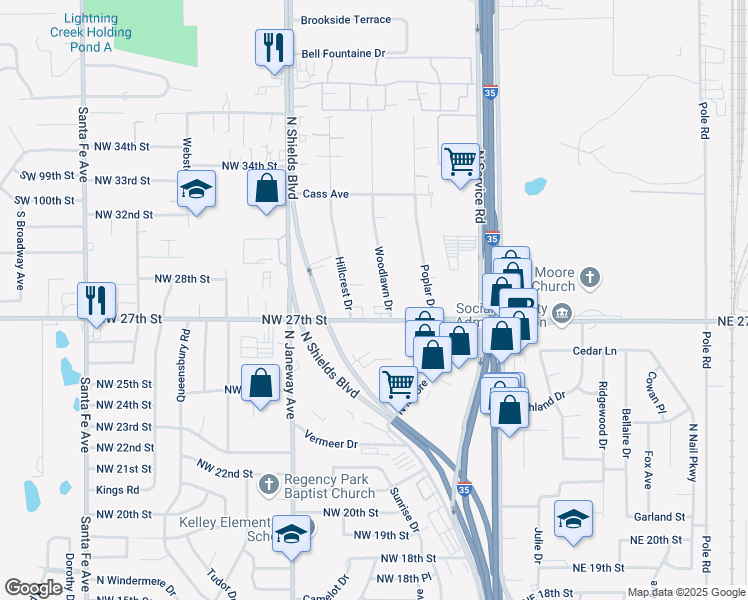 map of restaurants, bars, coffee shops, grocery stores, and more near 2813 Woodlawn Drive in Moore