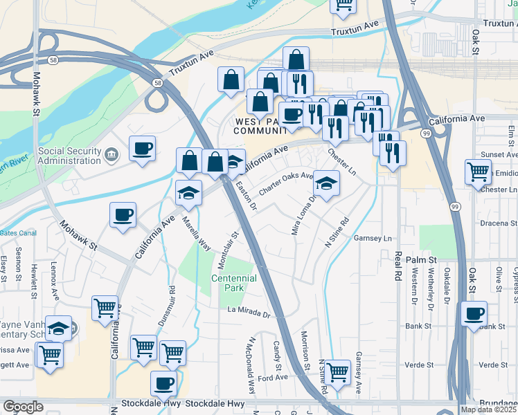 map of restaurants, bars, coffee shops, grocery stores, and more near 801 Montclair Street in Bakersfield