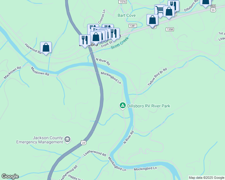 map of restaurants, bars, coffee shops, grocery stores, and more near 89 Monroe Buchanan Road in Sylva