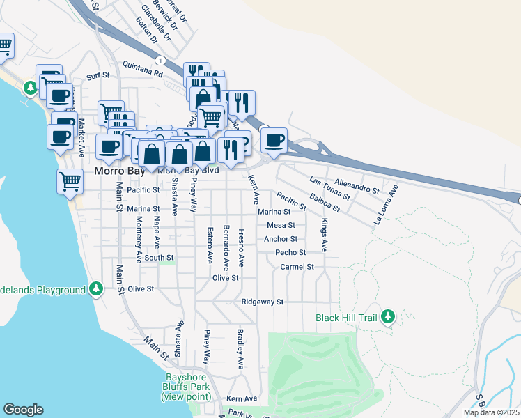 map of restaurants, bars, coffee shops, grocery stores, and more near 624 Kern Avenue in Morro Bay