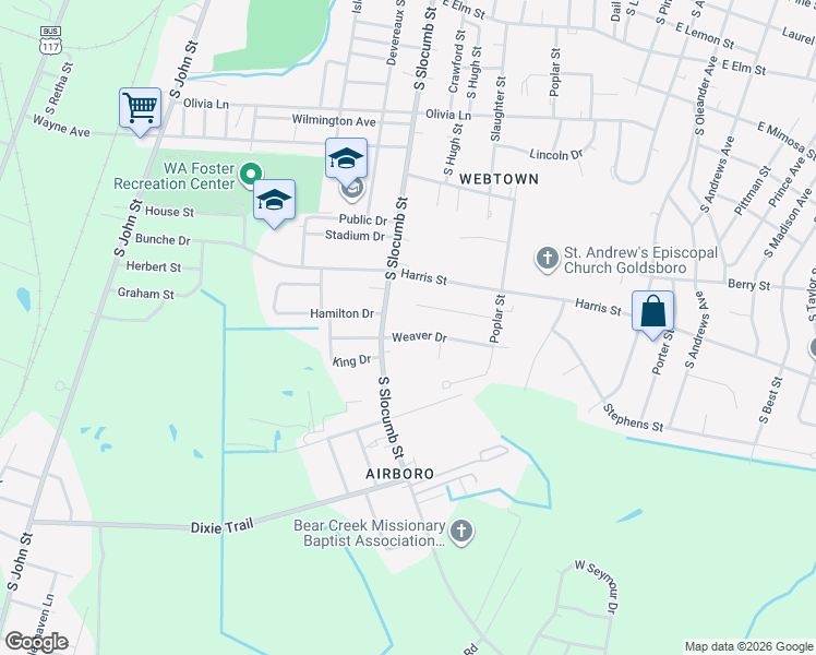 map of restaurants, bars, coffee shops, grocery stores, and more near 701 Weaver Drive in Goldsboro