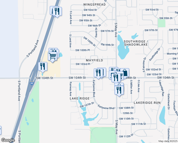 map of restaurants, bars, coffee shops, grocery stores, and more near 3104 Southwest 103rd Street in Oklahoma City