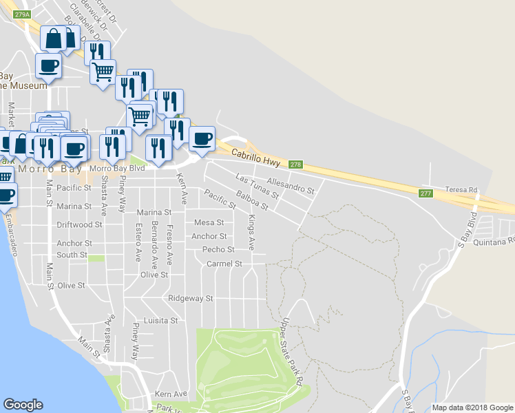 map of restaurants, bars, coffee shops, grocery stores, and more near 1020 Balboa Street in Morro Bay