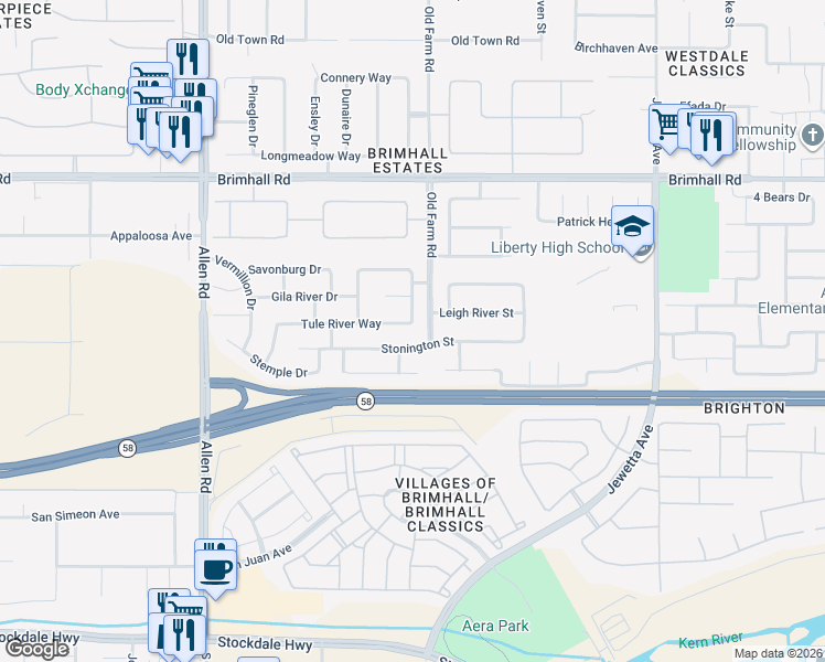 map of restaurants, bars, coffee shops, grocery stores, and more near 12201 Tule River Way in Bakersfield