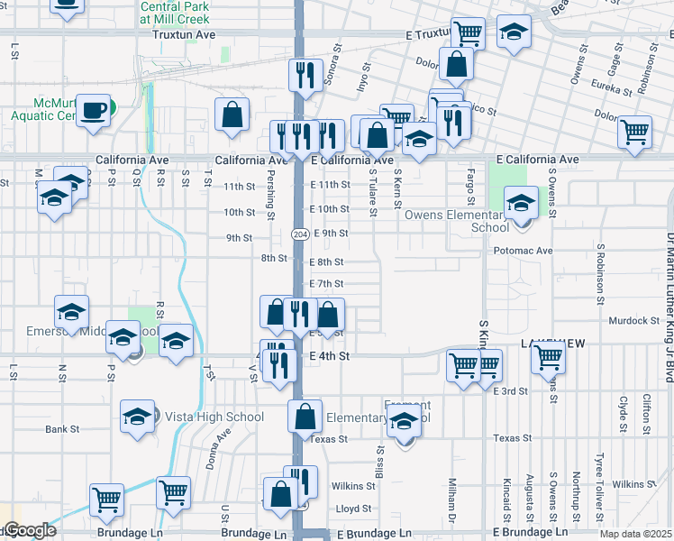 map of restaurants, bars, coffee shops, grocery stores, and more near 125 East 8th Street in Bakersfield