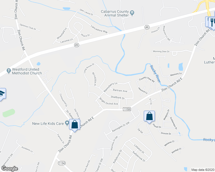 map of restaurants, bars, coffee shops, grocery stores, and more near 725 Nannyberry Lane in Concord