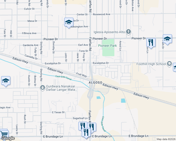 map of restaurants, bars, coffee shops, grocery stores, and more near 315 Fairfax Road in Bakersfield