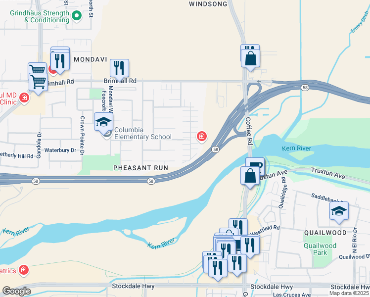 map of restaurants, bars, coffee shops, grocery stores, and more near 631 Jasmine Parke Drive in Bakersfield