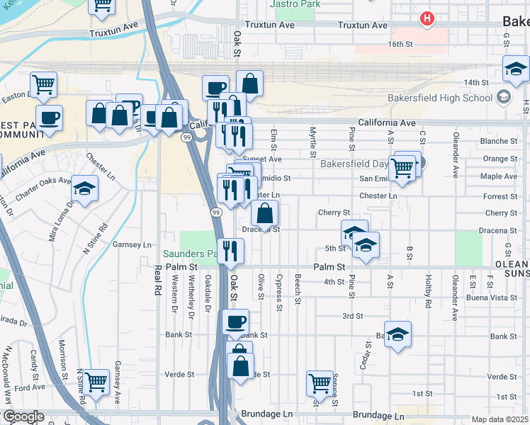 map of restaurants, bars, coffee shops, grocery stores, and more near 702 Olive Street in Bakersfield