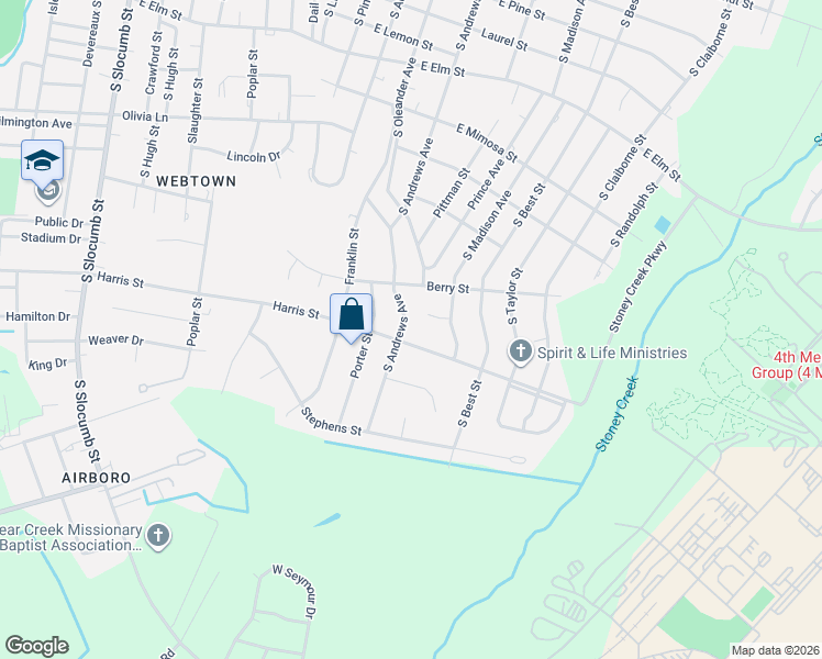 map of restaurants, bars, coffee shops, grocery stores, and more near 1110 South Andrews Avenue in Goldsboro
