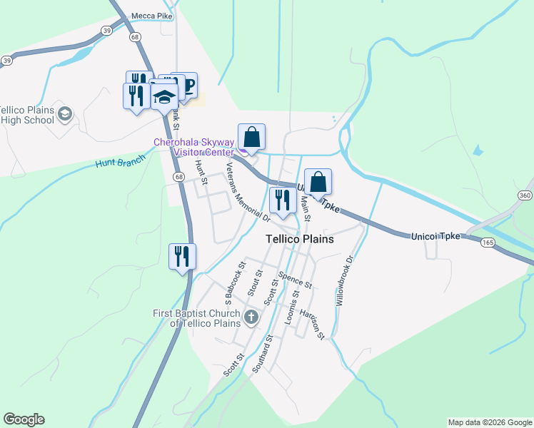 map of restaurants, bars, coffee shops, grocery stores, and more near 106 Barn Street in Tellico Plains
