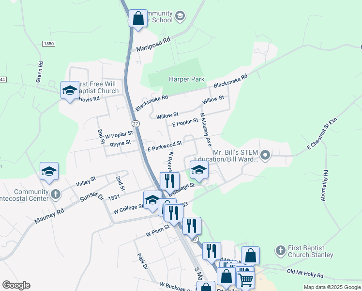 map of restaurants, bars, coffee shops, grocery stores, and more near 208 East Parkwood Street in Stanley