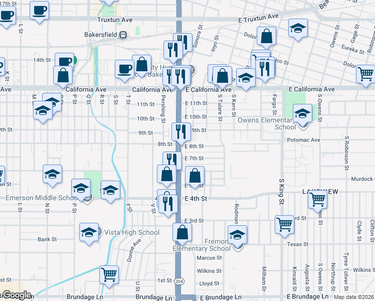 map of restaurants, bars, coffee shops, grocery stores, and more near 708 Union Avenue in Bakersfield