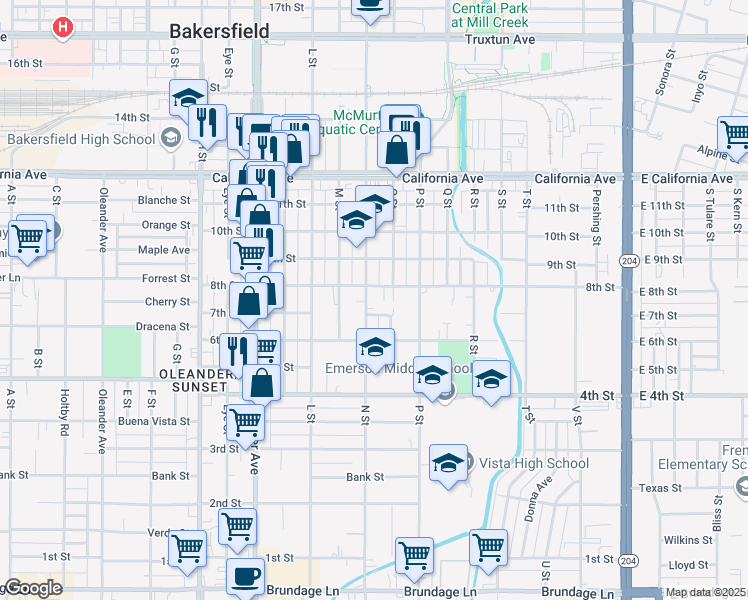 map of restaurants, bars, coffee shops, grocery stores, and more near 719 N Street in Bakersfield