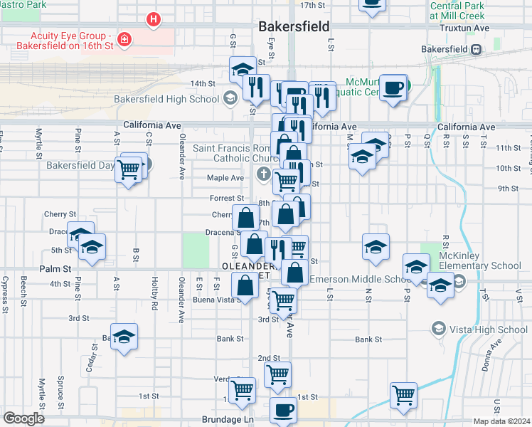 map of restaurants, bars, coffee shops, grocery stores, and more near 713 Eye Street in Bakersfield