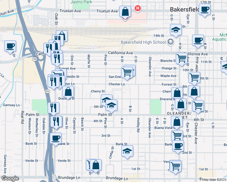 map of restaurants, bars, coffee shops, grocery stores, and more near 630 Pine Street in Bakersfield