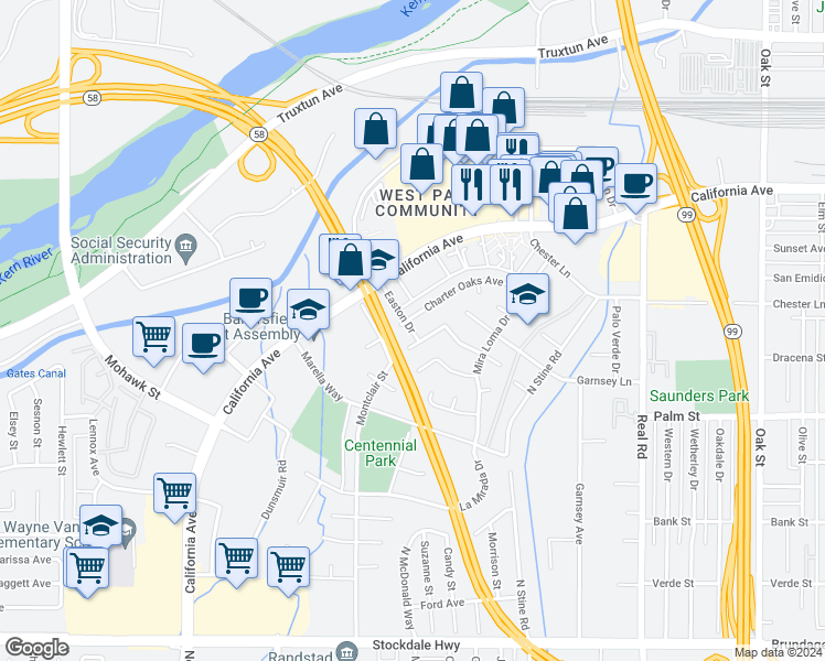 map of restaurants, bars, coffee shops, grocery stores, and more near 801 Montclair Street in Bakersfield