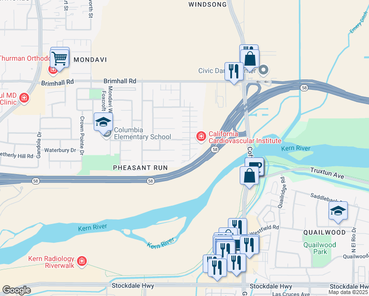 map of restaurants, bars, coffee shops, grocery stores, and more near 631 Jasmine Parke Drive in Bakersfield
