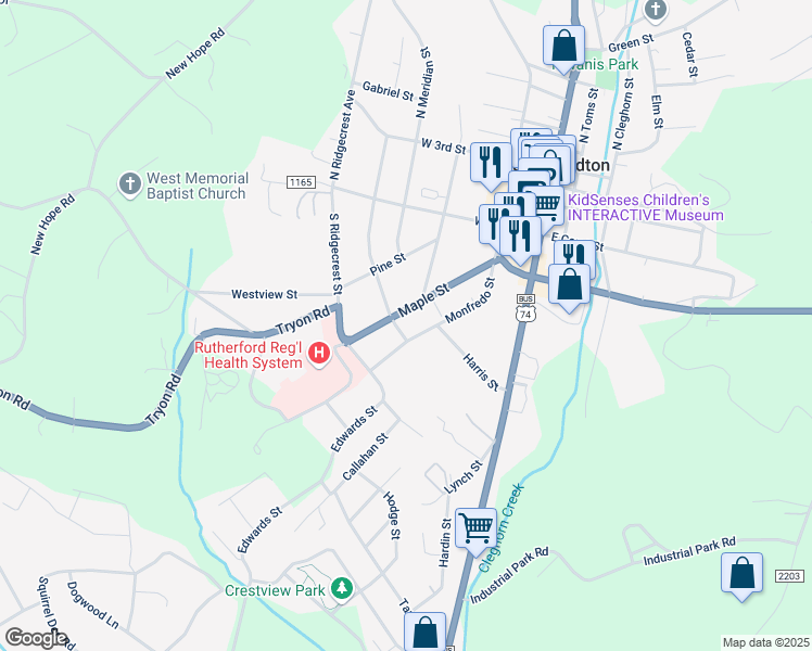 map of restaurants, bars, coffee shops, grocery stores, and more near 239 Maple Street in Rutherfordton