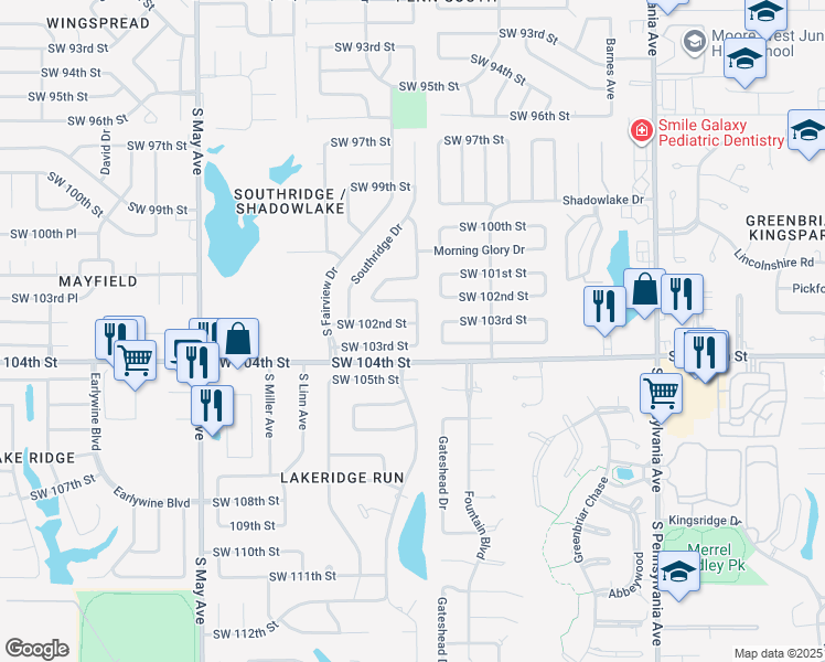 map of restaurants, bars, coffee shops, grocery stores, and more near 2500 Southwest 102nd Street in Oklahoma City