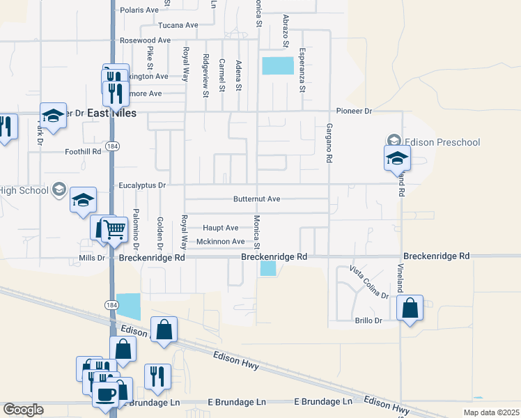 map of restaurants, bars, coffee shops, grocery stores, and more near 8900 Ponderosa Avenue in Bakersfield