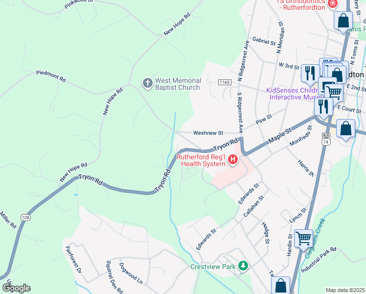 map of restaurants, bars, coffee shops, grocery stores, and more near 250 Tryon Road in Rutherfordton