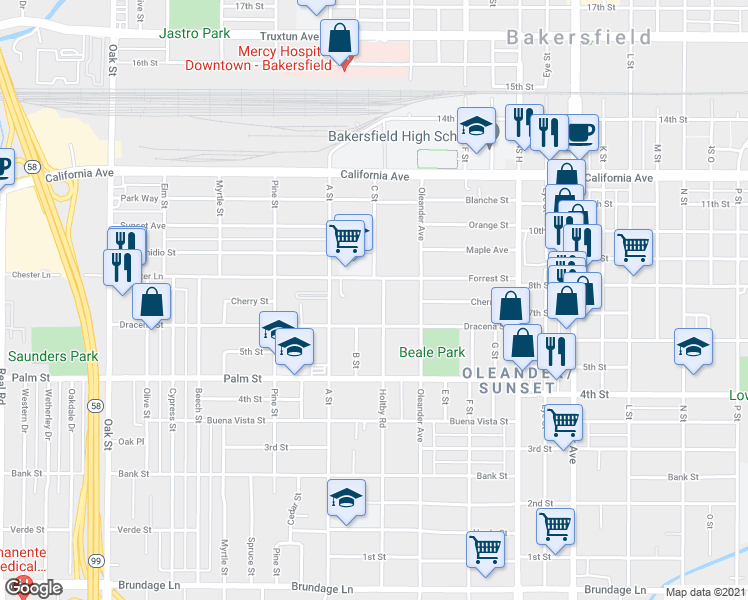 map of restaurants, bars, coffee shops, grocery stores, and more near 707 Holtby Road in Bakersfield