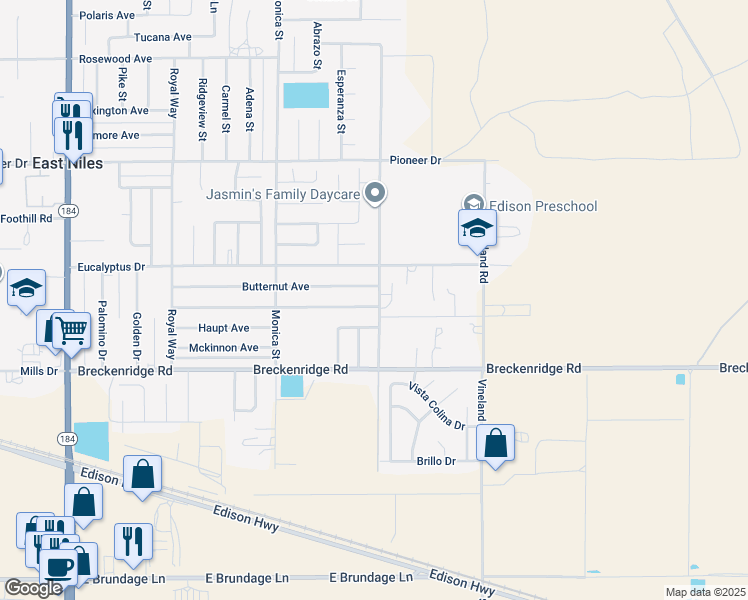 map of restaurants, bars, coffee shops, grocery stores, and more near 9248 Ponderosa Avenue in Bakersfield