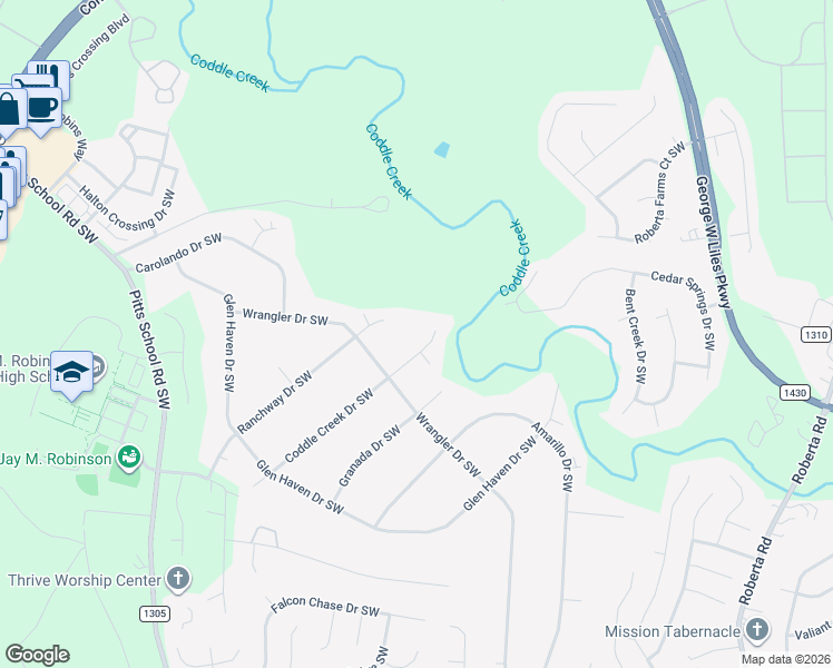 map of restaurants, bars, coffee shops, grocery stores, and more near 4378 Coddle Creek Drive Southwest in Concord