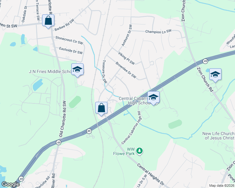 map of restaurants, bars, coffee shops, grocery stores, and more near 632 Treasure Drive Southwest in Concord