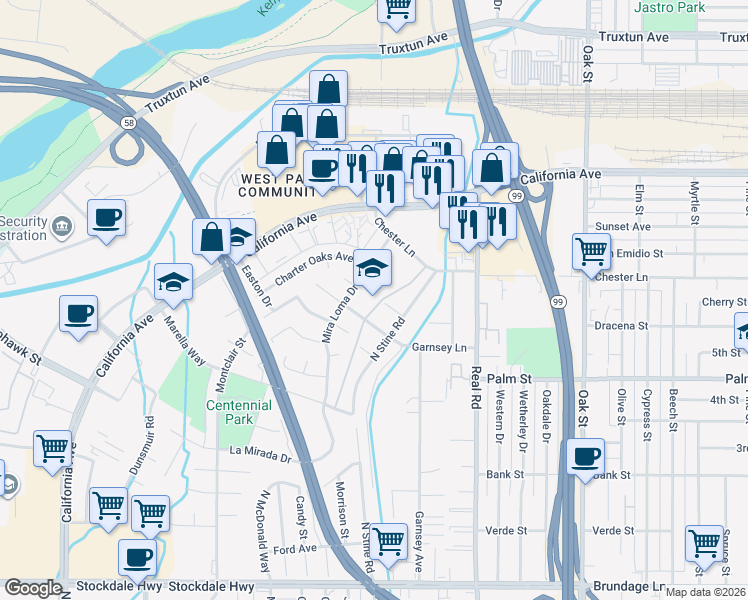 map of restaurants, bars, coffee shops, grocery stores, and more near 4110 Garnsey Lane in Bakersfield