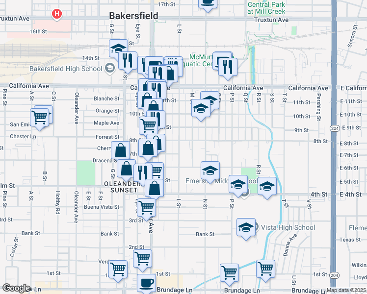 map of restaurants, bars, coffee shops, grocery stores, and more near 720 L Street in Bakersfield