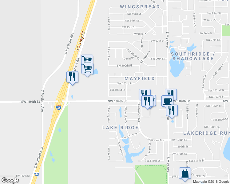 map of restaurants, bars, coffee shops, grocery stores, and more near 3208 Southwest 103rd Street in Oklahoma City