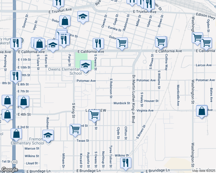 map of restaurants, bars, coffee shops, grocery stores, and more near 1216 Gorrill Street in Bakersfield