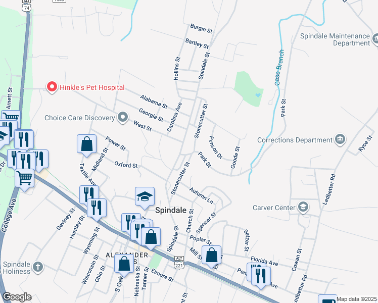 map of restaurants, bars, coffee shops, grocery stores, and more near 114 Falcon Lane in Spindale
